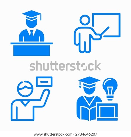 Blue educational icons featuring a graduate, a teacher, a student, and a creative learning concept on white background.