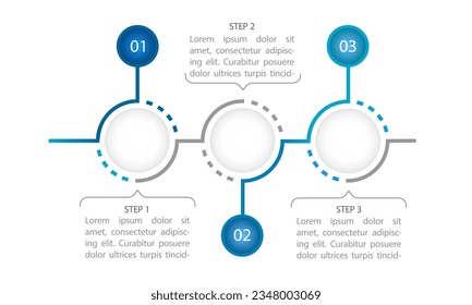 Plantilla de diseño de gráfico de infografía de redondeo educativo azul. Información de promoción. Resumen de infografía vectorial con espacios de copia en blanco. Gráficos instructivos con secuencia de 3 pasos. Presentación de datos visuales