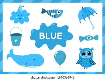 Blue. Educational worksheet for kids. Learning the color blue set. Activity page with main color for toddlers. Vector illustration