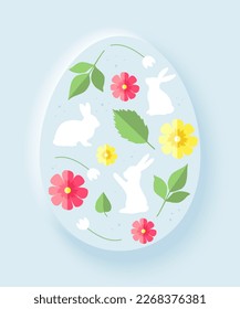 Blue egg with rabbits, flowers and leaves on a blue background. Spring holiday background. Happy Easter Day festive card.