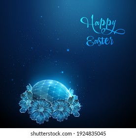 Blue Egg surrounded by flowers. Happy Easter card. Low poly style design. Abstract geometric background. Wireframe light connection structure. Modern 3d graphic concept. Isolated vector illustration.