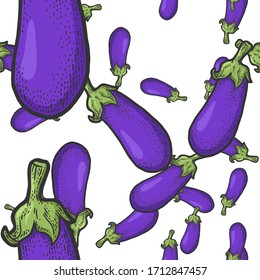 Blue eggplant seamless pattern background color sketch engraving vector illustration. T-shirt apparel print design. Scratch board imitation. Black and white hand drawn image.