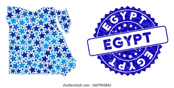 Blue Egypt map composition of stars, and grunge rounded stamp seal. Abstract territorial scheme in blue color tones. Vector Egypt map is formed of blue stars.