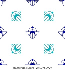 Blue Egyptian Scarab icon isolated seamless pattern on white background. Winged scarab Beetle and sun.  Vector