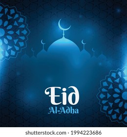 blue eid al adha glowing background with mosque shape