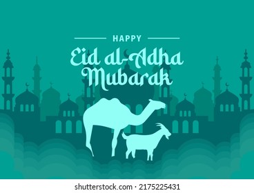 Blue Eid al-Adha vector illustration. Fit for banner, cover, poster, flyer, backdrop, background. Eps 10. Islamic landscape background.