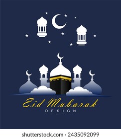 Blue Eid Mubarak background design with mosque, Kaaba and lantern icons. Suitable for posters for Eid al-Fitr, Ramadhan, Eid Mubarak, Eid al-Adha, Muharram, etc.
