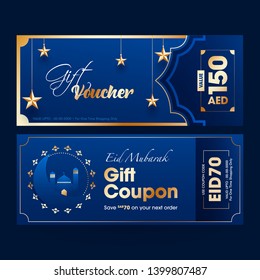 Blue Eid Mubarak gift coupon or voucher design differnt offer.