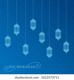 Blue Eid mubarak greeting card template with lantern
