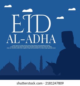 blue eid ul adha template with mosque and men praying, with copy space for writing suitable for banners, greeting cards and social media posts