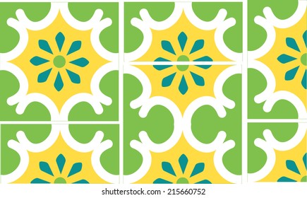 A blue eight petaled flower is featured in the center of this modern green and white tile. This file contains 2 full tiles, half tiles and a quarter tile for easy use in your design. 