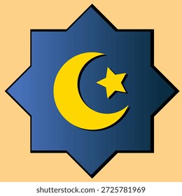 Uma estrela azul de oito pontas apresenta uma lua crescente amarela e uma estrela, simbolizando a fé e a cultura islâmica em um fundo claro.