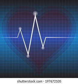 Blue EKG tracing with heart on background. Vector illustration.
