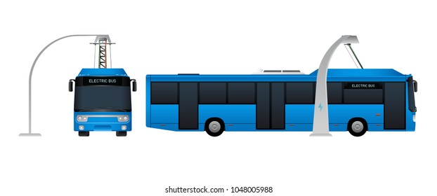 Blue electric bus with pantograph is charging on a charging station. Vector illustration EPS 10