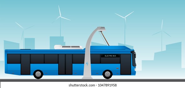 Blue electric bus at a stop is charged by pantograph. Vector illustration EPS 10