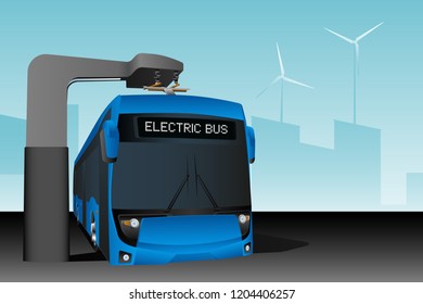 Blue electric bus at a stop is charged by pantograph. Vector illustration EPS 10
