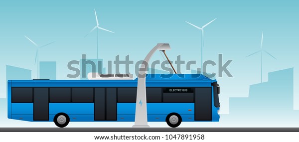 Blue electric bus at a stop is\
charged by pantograph. Vector illustration EPS\
10