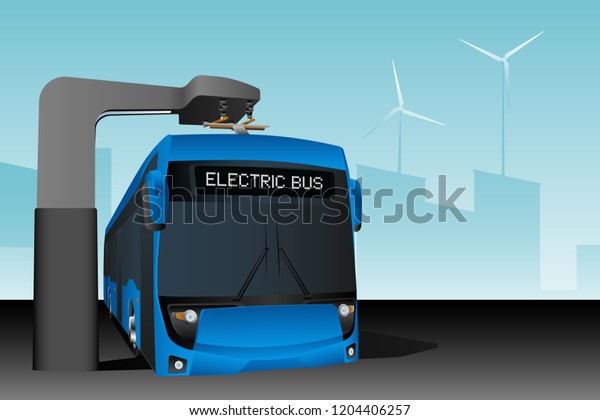 Blue electric bus at a stop is\
charged by pantograph. Vector illustration EPS\
10