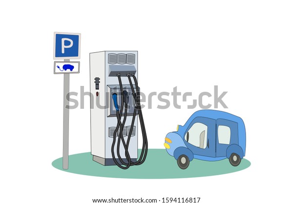 Blue electric car in the charger station isolated\
on white background. Eco transportation concept. Cartoon electric\
car at the charger station with road sign. Electric car refueling.\
Stock vector