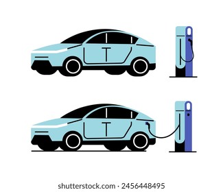 Blue electric car charging, side view. Electric car charging station.