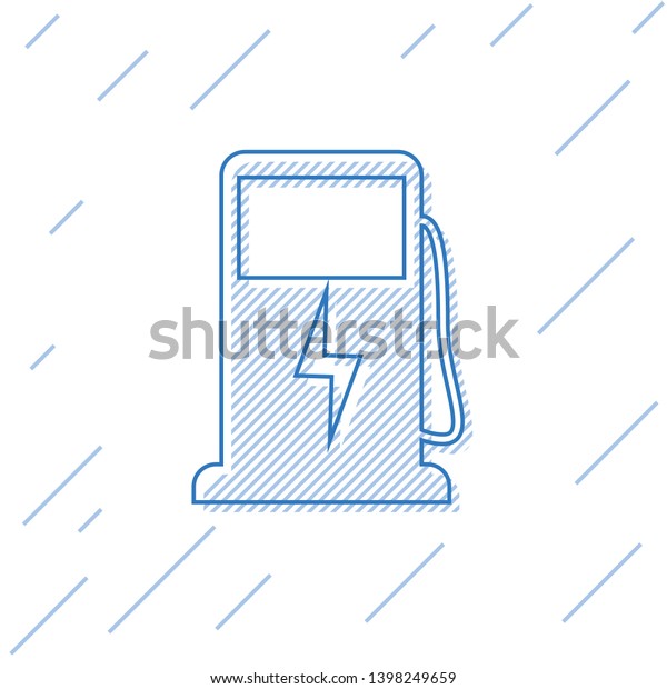 Blue Electric car charging station line icon\
isolated on white background. Eco electric fuel pump sign. Vector\
Illustration