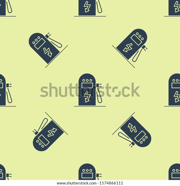 Blue Electric car charging station icon\
isolated seamless pattern on yellow background. Eco electric fuel\
pump sign.  Vector\
Illustration