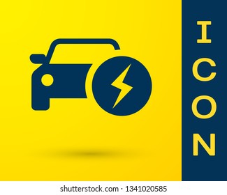 Blue Electric car and electrical cable plug charging icon isolated on yellow background. Renewable eco technologies. Vector Illustration