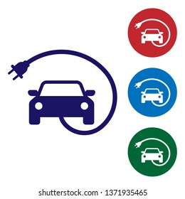 Blue Electric car and electrical cable plug charging icon isolated on white background. Renewable eco technologies. Set color icon in circle buttons. Vector Illustration