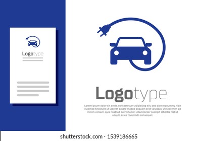 Blue Electric car and electrical cable plug charging icon isolated on white background. Renewable eco technologies. Logo design template element. Vector Illustration