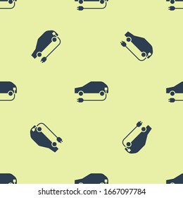 Blue Electric car and electrical cable plug charging icon isolated seamless pattern on yellow background. Renewable eco technologies.  Vector Illustration