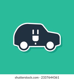 Blue Electric car and electrical cable plug charging icon isolated on green background. Renewable eco technologies.  Vector