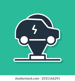 Blue Electric car and electrical cable plug charging icon isolated on green background. Renewable eco technologies.  Vector