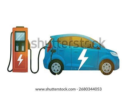 A blue electric car is plugged into an orange charging station. A lightning bolt symbol is visible on the car and the station.