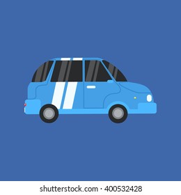 Blue Electric Car Primitive Graphic Style Flat Vector Icon On Blue Background