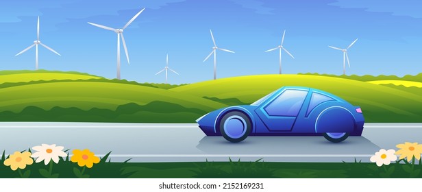 Blue electric car rides through green meadows on windmills background. The concept of eco-friendly green energy, safe for the environment.