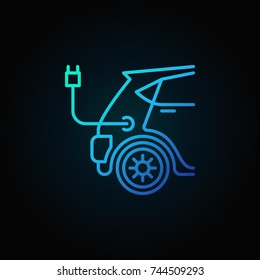 Blue electric car vector concept icon or symbol in line style on dark background