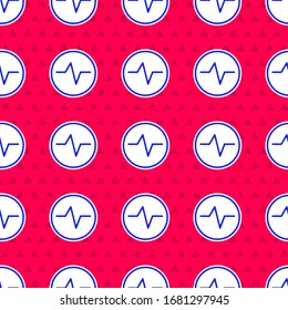 Blue Electric circuit scheme icon isolated seamless pattern on red background. Circuit board.  Vector Illustration