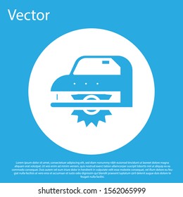 Blue Electric circular saw with steel toothed disc icon isolated on blue background. Electric hand tool for cutting wood or metal. White circle button. Vector Illustration