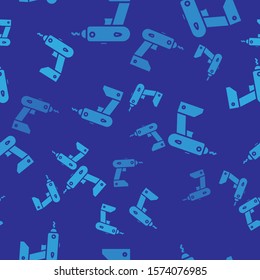 Blue Electric cordless screwdriver icon isolated seamless pattern on blue background. Electric drill machine. Repair tool.  Vector Illustration