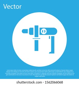 Blue Electric drill machine icon isolated on blue background. Repair tool. White circle button. Vector Illustration