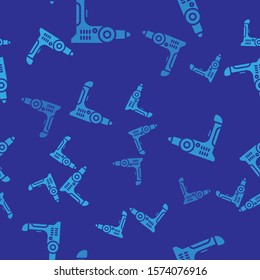 Blue Electric drill machine icon isolated seamless pattern on blue background. Repair tool.  Vector Illustration