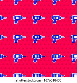 Blue Electric drill machine icon isolated seamless pattern on red background. Repair tool.  Vector Illustration