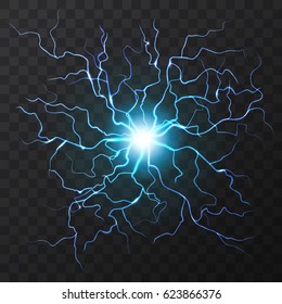 Blue Electric relámpago en un oscuro fondo transparente. Tornillo de luz de círculo vectorial o de descarga eléctrica. Fenómeno cósmico natural o sistema nervioso humano