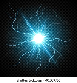 Blue Electric flash of lightning on a dark transparent background. Vector circle lightning