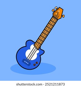 Caricatura de bajo de guitarra eléctrica azul. Ilustración vectorial. Adecuado para instrumentos musicales y contenido de entretenimiento