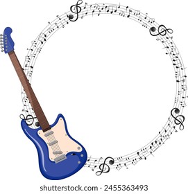 Blue electric guitar encircled by musical notes.