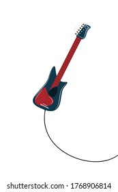 Blue electric guitar. Logo for design on the theme of music. Vector in  flat style. Isolated on white.