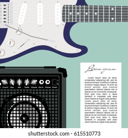 Blue electric guitar with strings and speaker on green background.