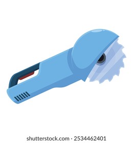 Blue electric hand circular saw is cutting something with spinning disk, professional power tools for woodworking and cutting various materials