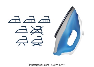 Blue electric iron. Set of icons. Vector illustration. Home electrical appliances.